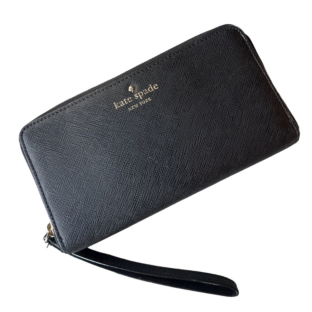 Kate Spade Black Zip-Around Wallet with Black and White Stripe Interior 8”